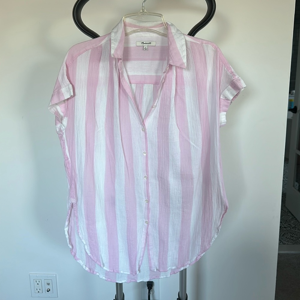 Madewell button down gauze striped short sleeve top